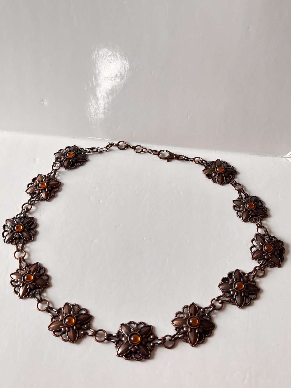 Copper Flower Link belt with Amber Stones